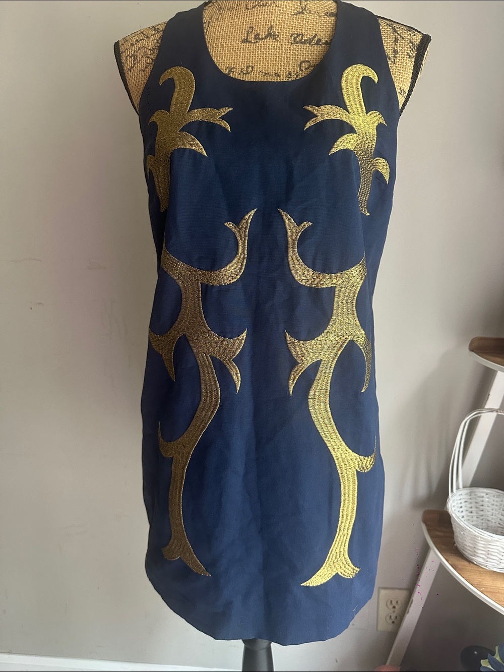 Navy Shift Dress with Gold Embroidered Motif